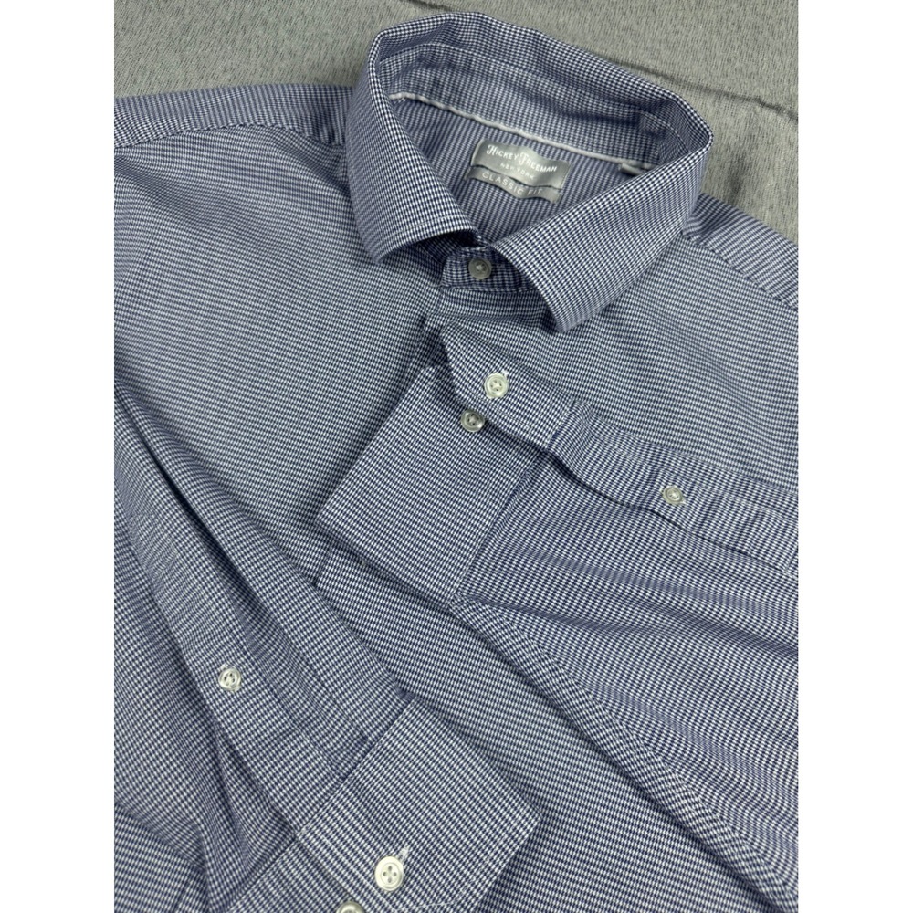 Hickey Freeman Mens Classic Fit Micro Houndstooth Dress Shirt Blue 17.5 32/33
